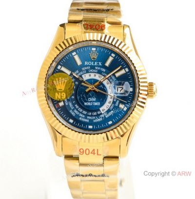 N9 Swiss Rolex SKY-DWELLER World Timer Copy Watch Yellow Gold Blue Face